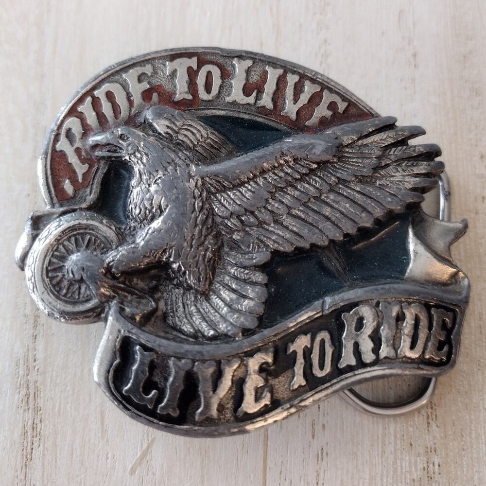 Vintage 1982 Great American Buckle Co Ride to Live Bald Eagle Motorcycle Buckle